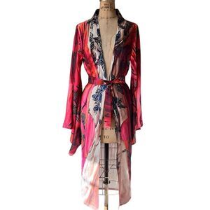 Floral Print Long Sleeve Robe Belted Waist Size S